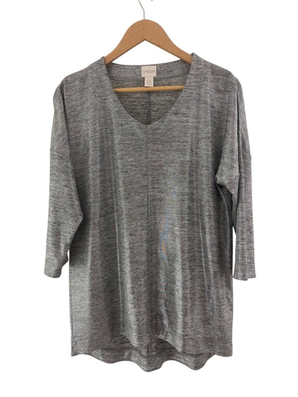 Chico's Silver Shimmer Metallic 3/4 Sleeve V-Neck Tunic Top Size 1 = M/8 Shirt